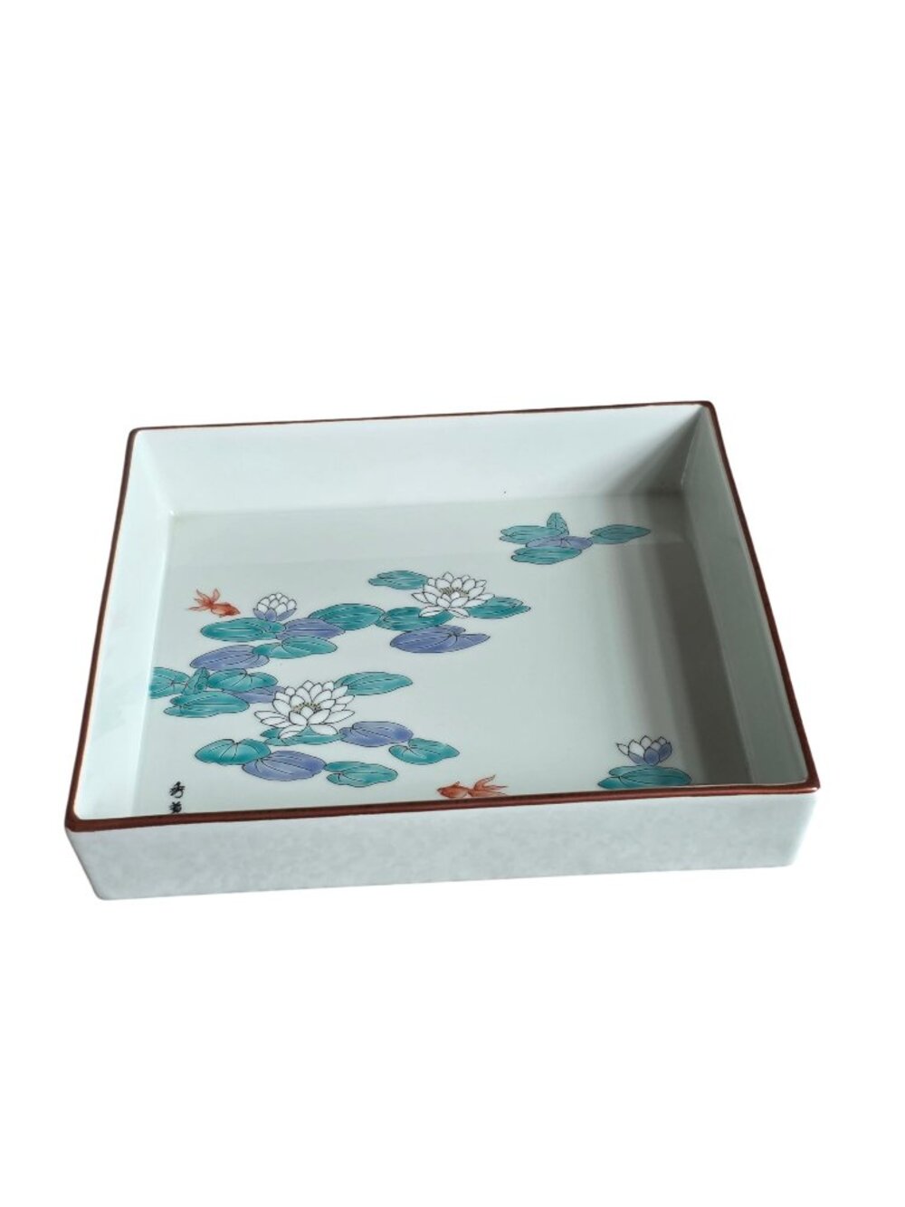 Vintage Japanese Hand Painted Lotus Pond & Goldfish Rectangular Tray